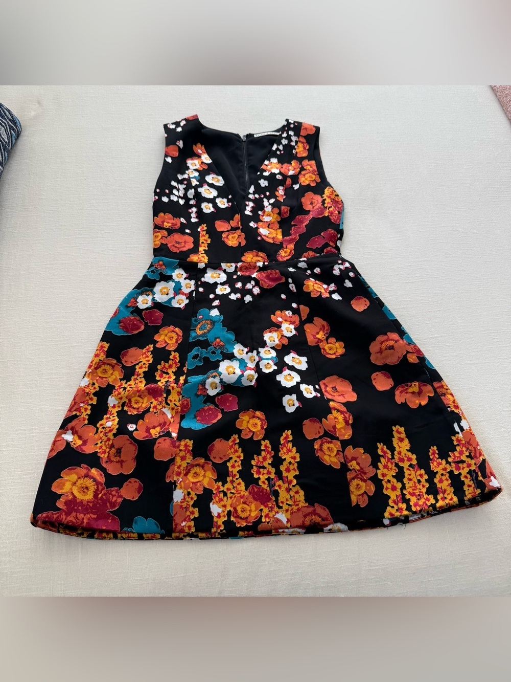 Alice + Olivia Black Mini Dress with Orange, Teal & White Floral Print